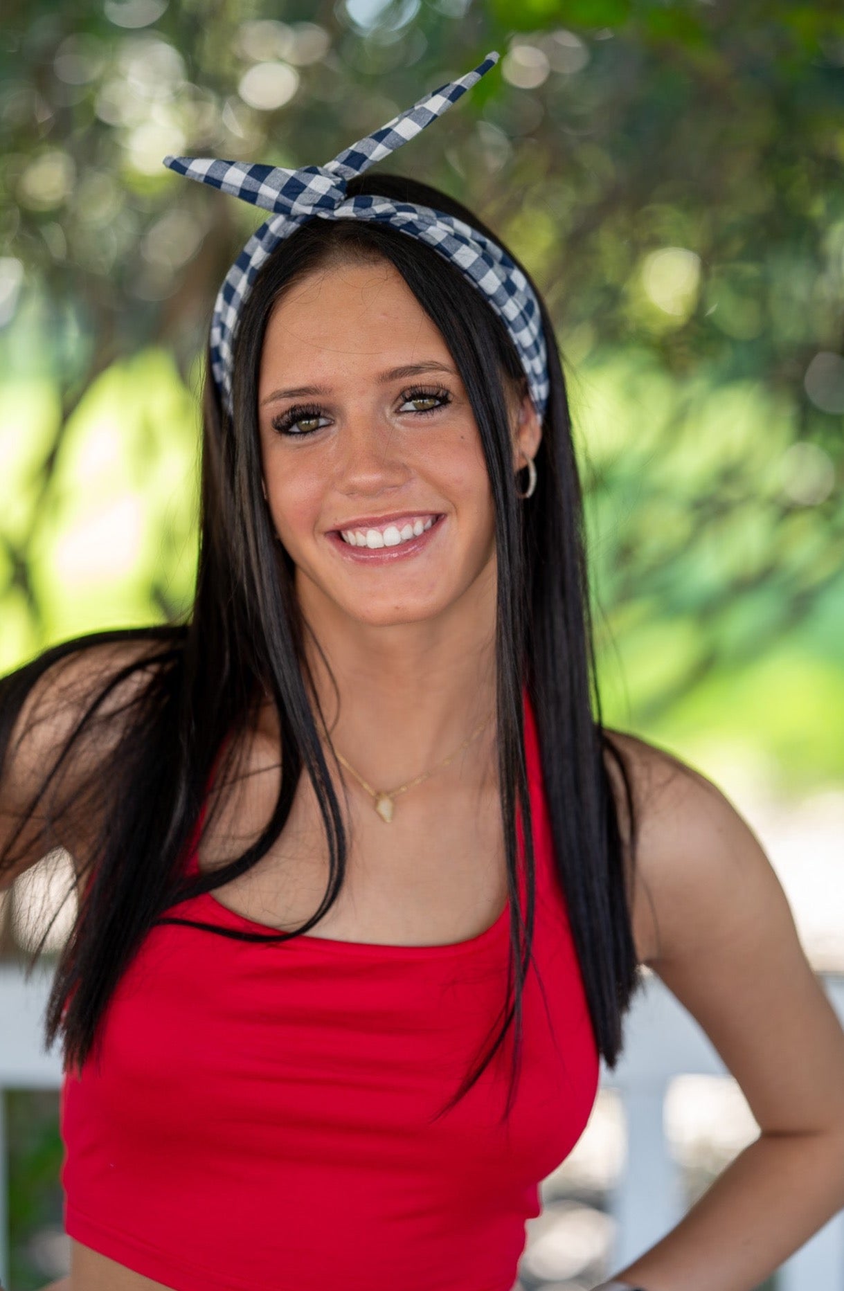 Amanda Bright Designs Blue Buffalo Check headband on model