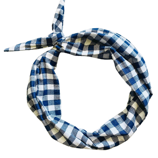 Blue Gingham Original Tie headband for women by Amanda Bright Designs