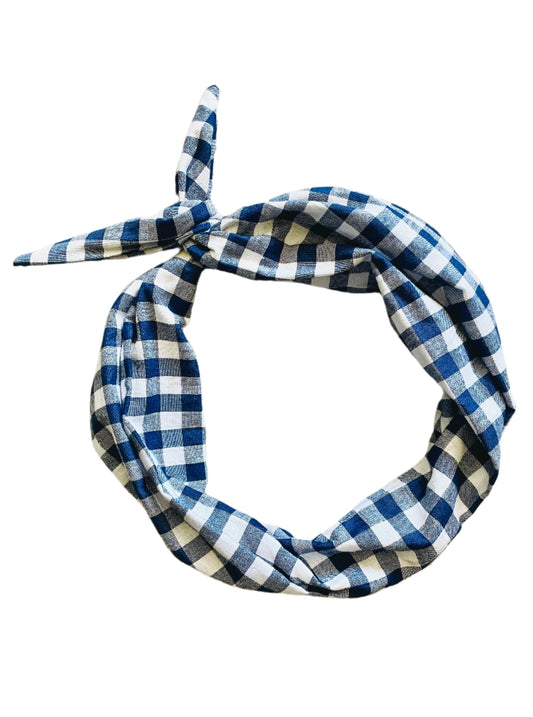 Blue Gingham Original Tie headband for women by Amanda Bright Designs