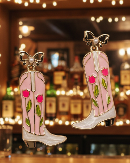 Pink Cowboy Boot with Pearl and Gold Bow Earrings