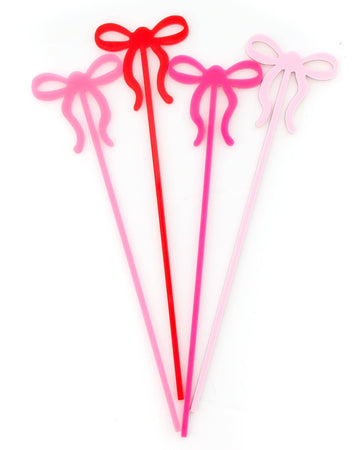Red and Pink Bow Acrylic Drink Stirrer, Set of Four
