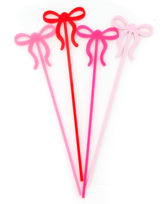 Red and Pink Bow Acrylic Drink Stirrer, Set of Four