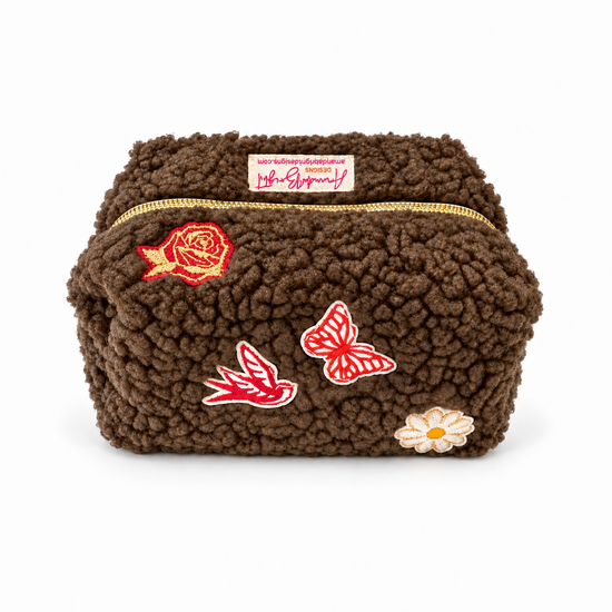 Amanda Bright Designs Authentic Sherpa Makeup Bag chocolate brown with red custom embellished patches
