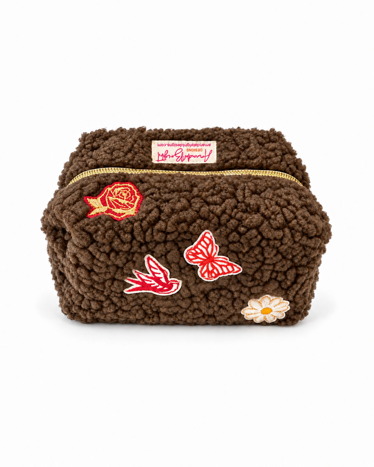 Amanda Bright Designs Authentic Sherpa Makeup Bag chocolate brown with red custom embellished patches