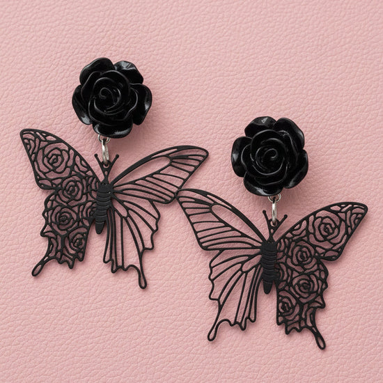 Amanda Bright Designs Butterfly Earrings with Black Rose Clip