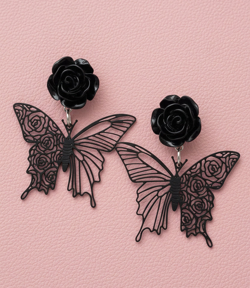 Amanda Bright Designs Butterfly Earrings with Black Rose Clip