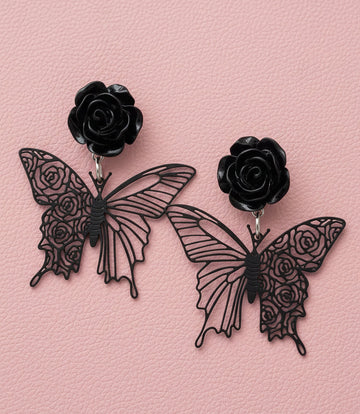 Amanda Bright Designs Butterfly Earrings with Black Rose Clip