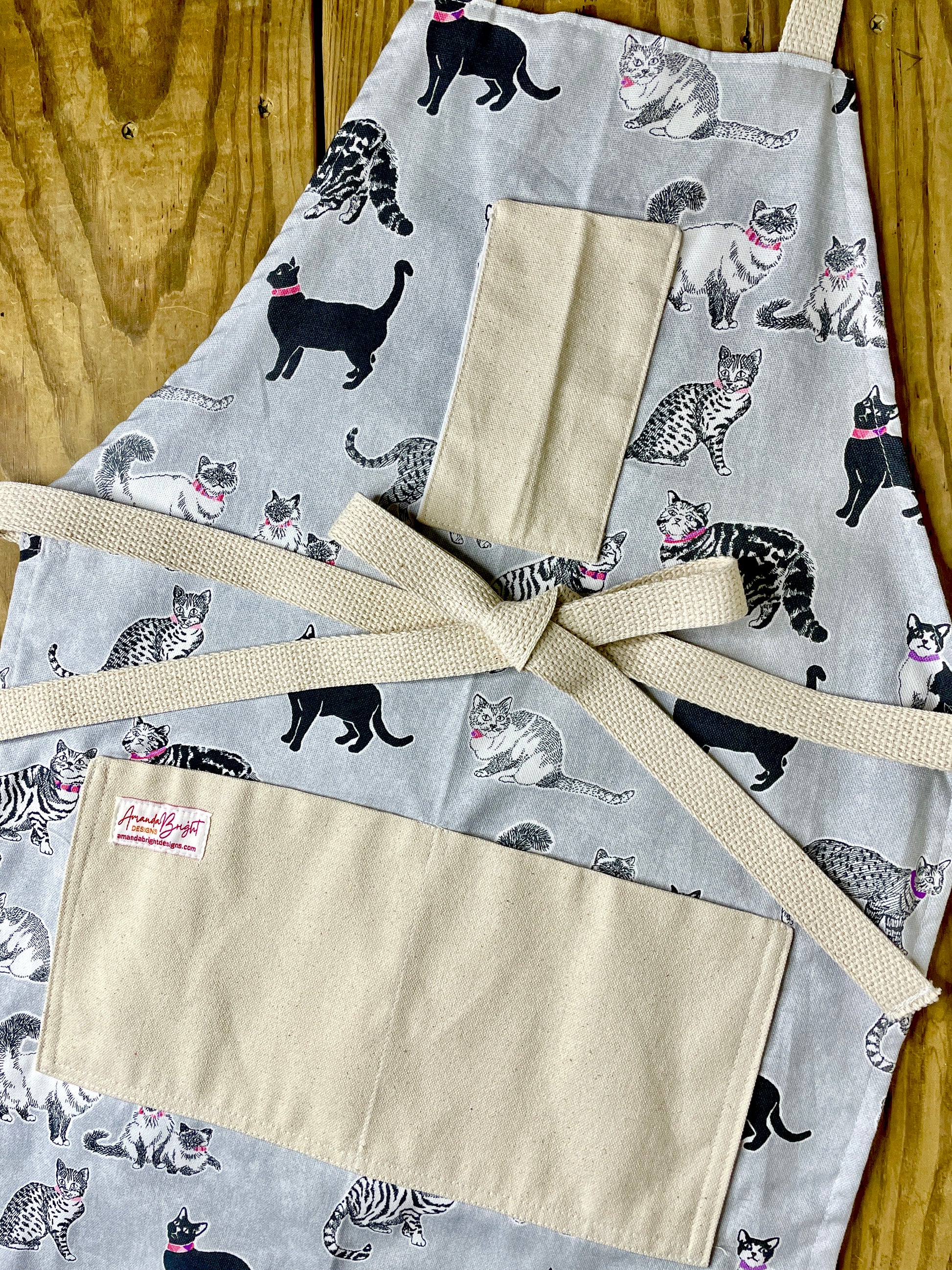 Amanda Bright Designs cat apron Carmen with russian blue black calico persian striped 