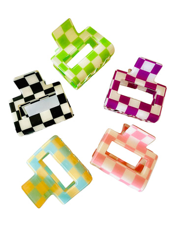 Amanda Bright Designs Set of colorful checkered 2" hair clips claws green purple pink blue black and white