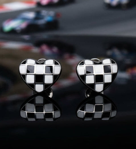 Amanda Bright Designs Heart-shaped checkered flag earring studs