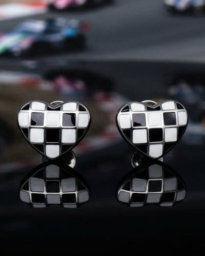 Checkered Flag Heart Stud Earrings