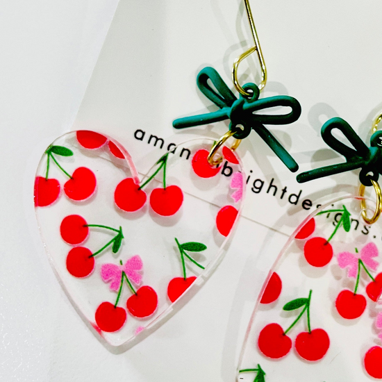 amanda bright designs usa made acrylic cherries and bows pink heart earrings