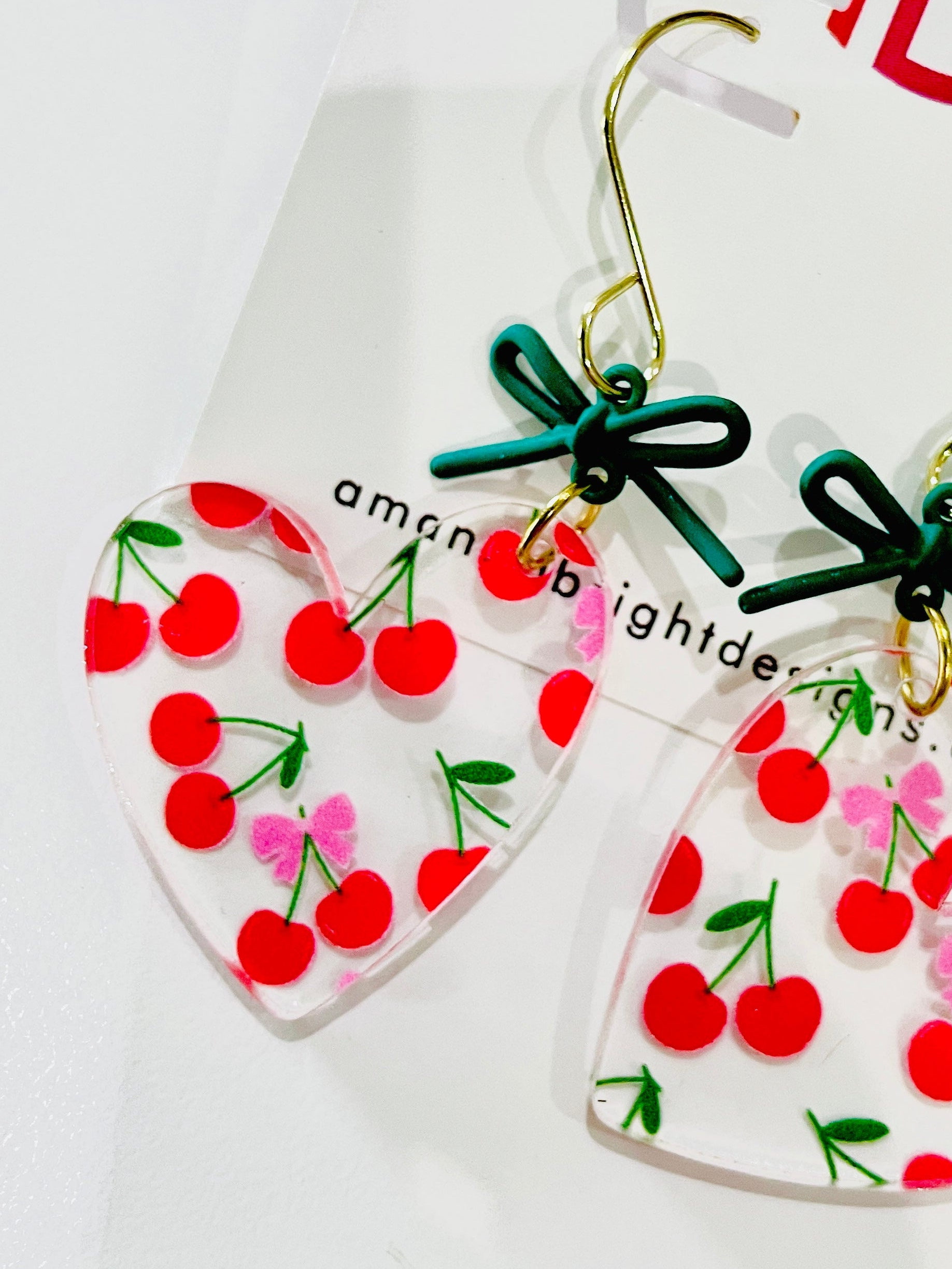 amanda bright designs usa made acrylic cherries and bows pink heart earrings
