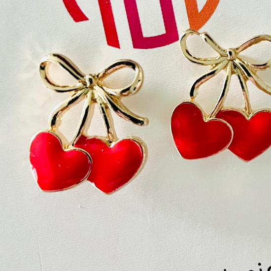 Amanda Bright Designs, gold bow and red cherry post stud style earrings