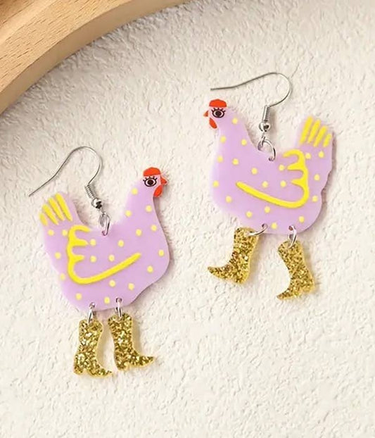 Farm Theme Chicken Cowboy Boot Earrings