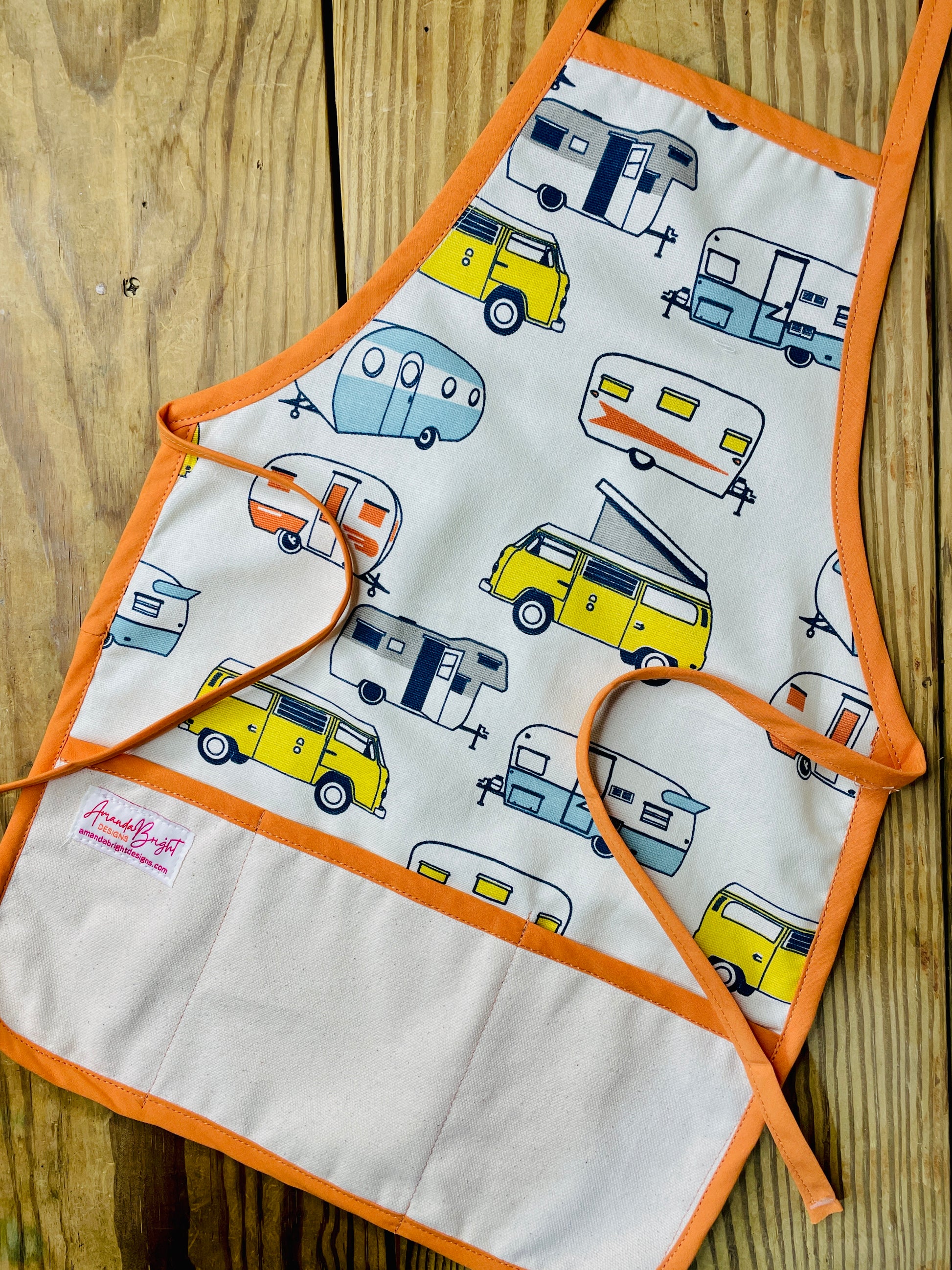 Amanda Bright Designs children’s rv apron camper camping road trip for bake time play time orange apron strings