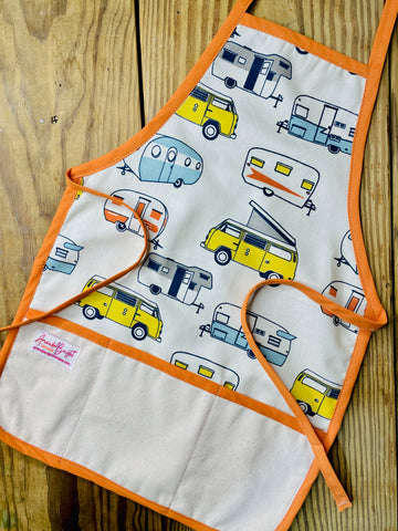Amanda Bright Designs children’s rv apron camper camping road trip for bake time play time orange apron strings