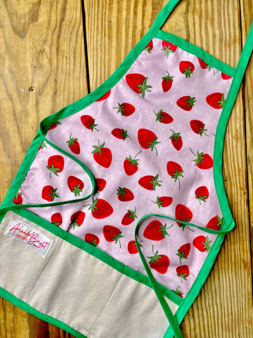 Amanda Bright Designs childrens strawberries pink fruit summer apron for bake time play time green apron strings