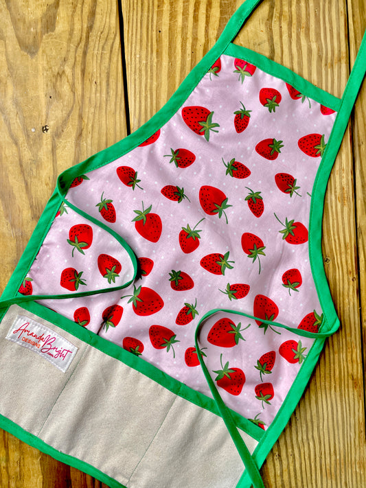 Amanda Bright Designs childrens strawberries pink fruit summer apron for bake time play time green apron strings