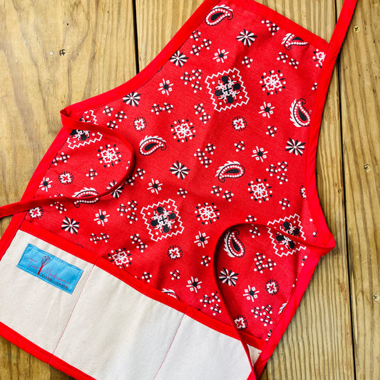 Amanda Bright Designs childrens bandana print apron western cowboy roping style for bake time play time 