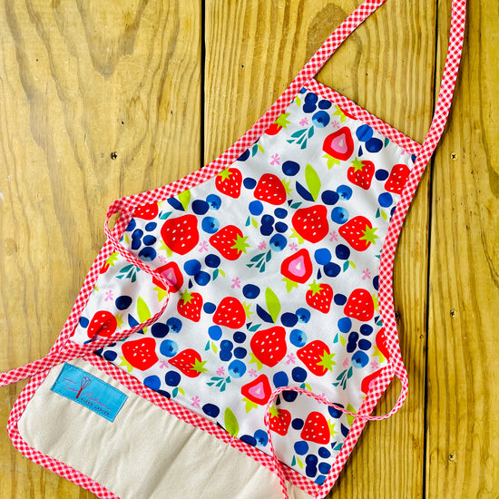 Two Medium Sized Ladies Berries Galore Children's Apron strawberries blueberries red gingham for baking cooking grandma's house kitchen