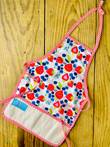 Two Medium Sized Ladies Berries Galore Children's Apron strawberries blueberries red gingham for baking cooking grandma's house kitchen