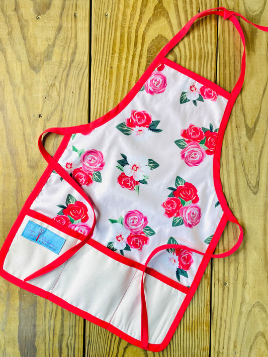 Two Medium Sized Ladies red and pink roses childrens apron valentines day flowers red trim and apron strings