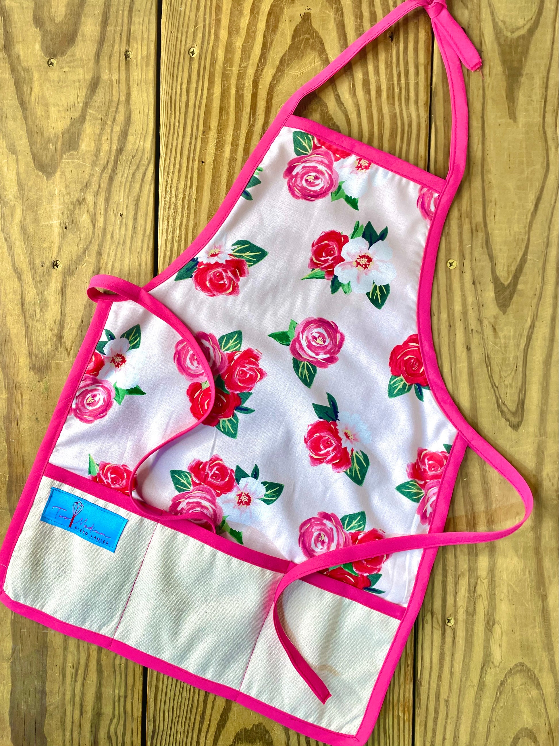 Two Medium Sized Ladies pink roses childrens apron valentines day romantic kids craft apron