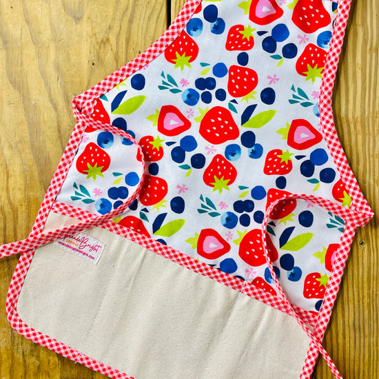 Amanda Bright Designs children’s summer apron berries galore strawberries blueberries red gingham trim 