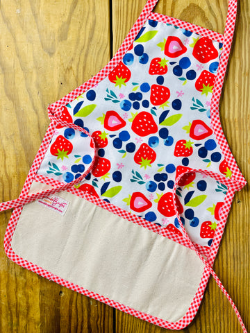 Amanda Bright Designs children’s summer apron berries galore strawberries blueberries red gingham trim 