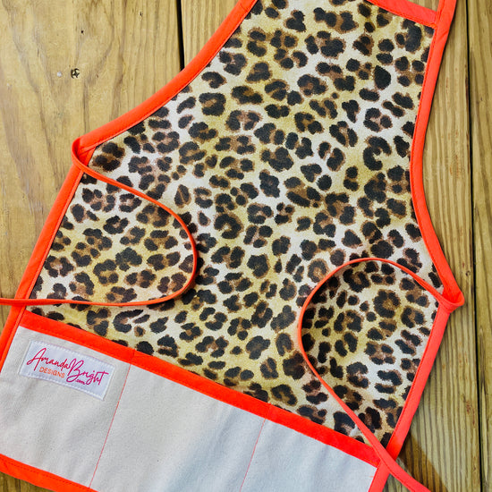 Amanda Bright Designs Childrens Denim Leopard Print Apron with Orange Strings Canvas Pockets