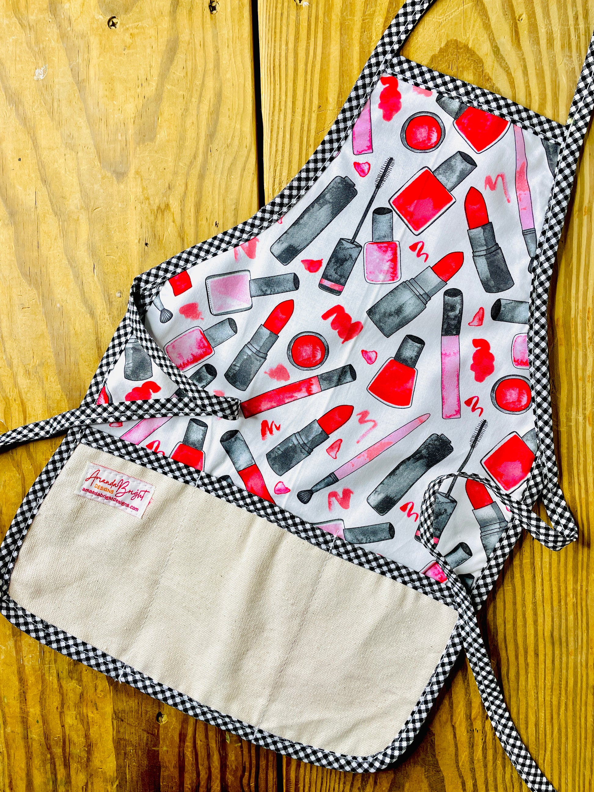 Amanda Bright Designs children's cotton apron mama's makeup lipstick nail polish play time baking fashion plate mascara tutorial 