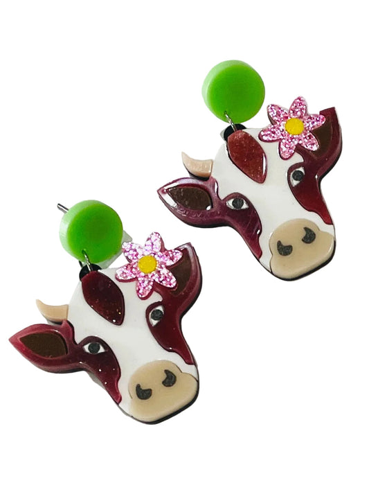 Cow With Pink Flower Acrylic Earrings