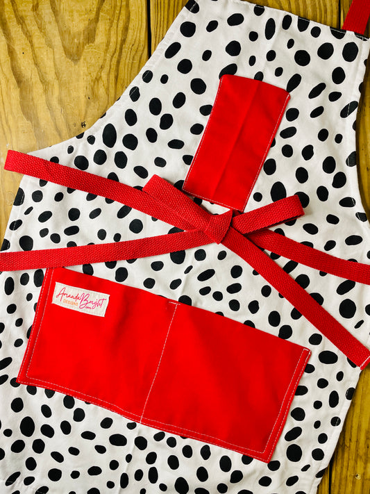 Amanda Bright Designs Darcy Retro Designer Apron Dalmatian Animal Print Midcentury Paris Fashion Red Strings and Pockets