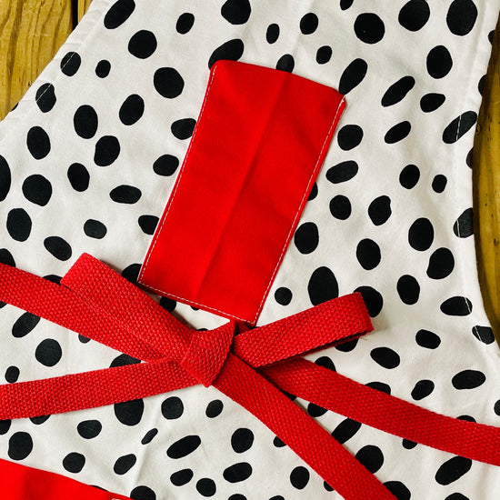 Amanda Bright Designs Dalmatian print apron with red pockets and strings
