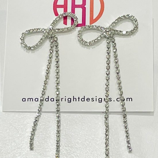 Amanda Bright Designs Diamond Bow 2" Tail Crystal Stud Earrings