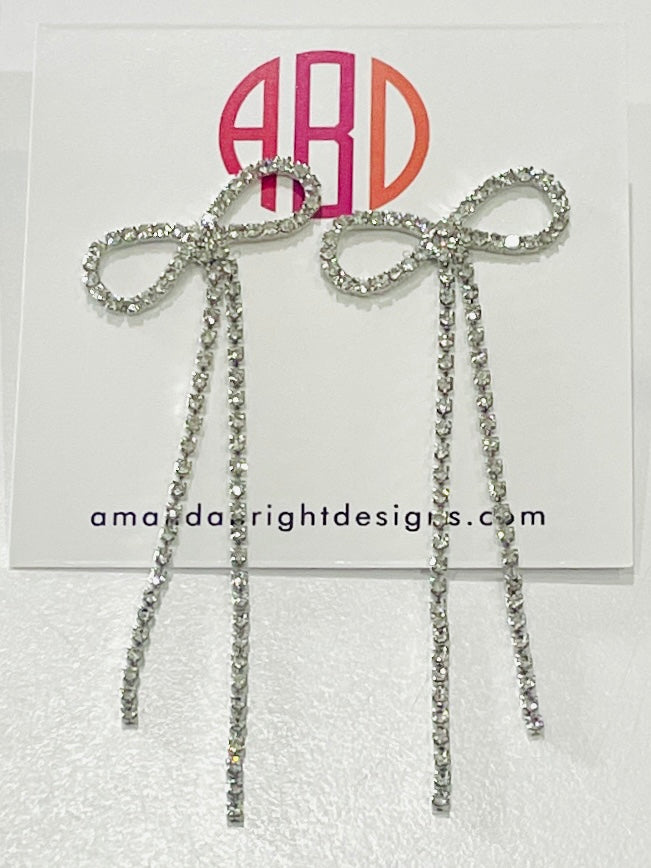 Amanda Bright Designs Diamond Bow 2" Tail Crystal Stud Earrings