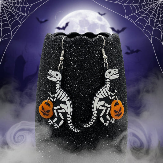 Skeleton Dinosaur with Trick Or Treat Bucket Earrings