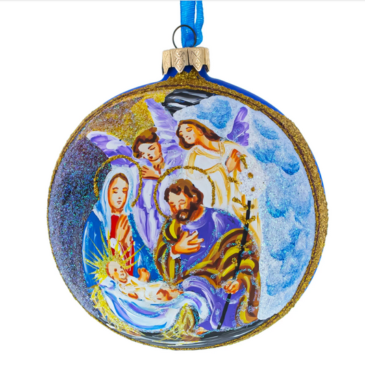 Angels Admiring Jesus Nativity Glass Ball, Imported