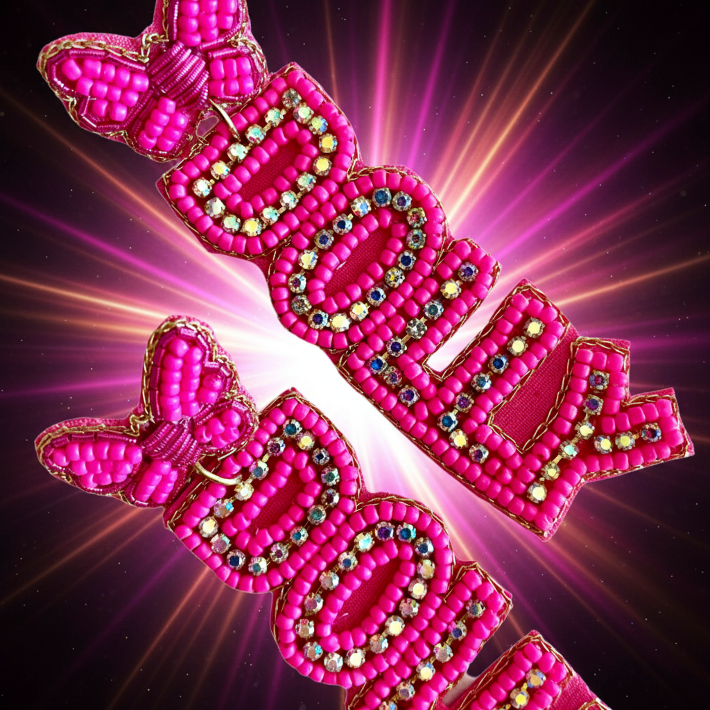 Dolly Parton hot pink butterfly earrings with rhinestones