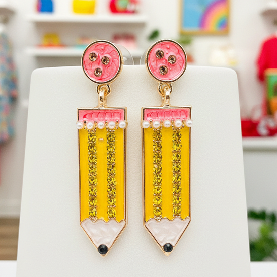 Amanda Bright Designs Enamel Rhinestone Yellow Pencil Teacher Earrings