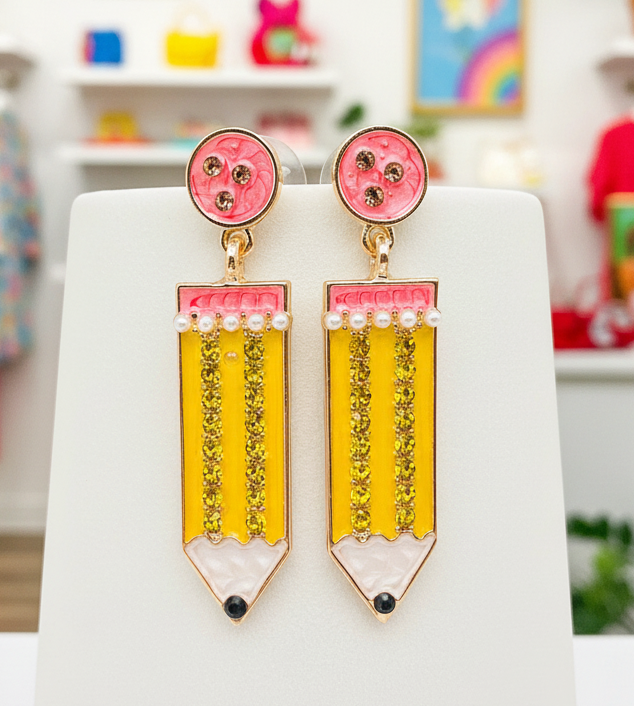 Amanda Bright Designs Enamel Rhinestone Yellow Pencil Teacher Earrings