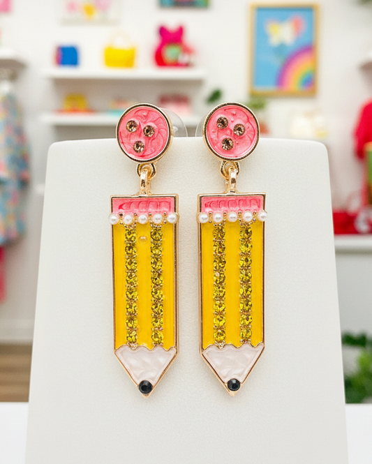 Enamel Rhinestone Yellow Pencil Earrings