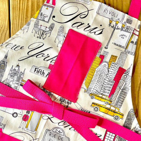 London, Paris, New York themed apron with hot pink strings