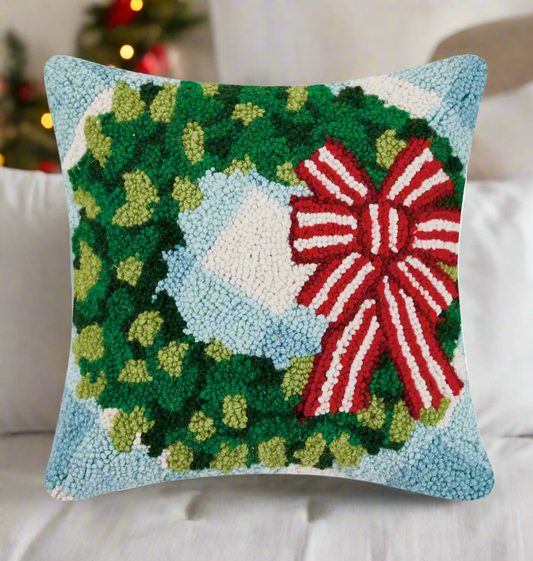 Festive Wreath with Bow Hooked Throw Pillow