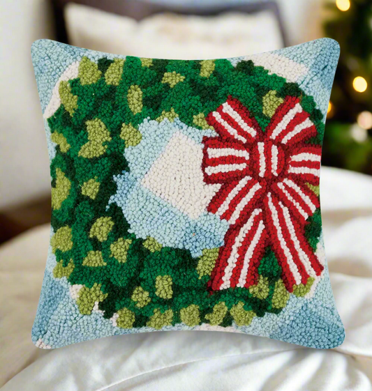 Festive Wreath with Bow Hooked Throw Pillow