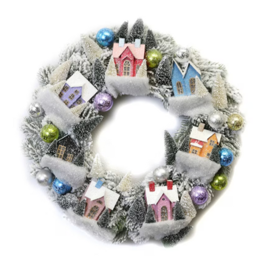 Frosted Village Putz House Decorated Wreath