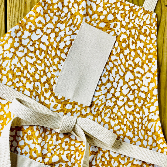 Amanda Bright Designs ginger apron golden leopard print retro 100% cotton designer apron