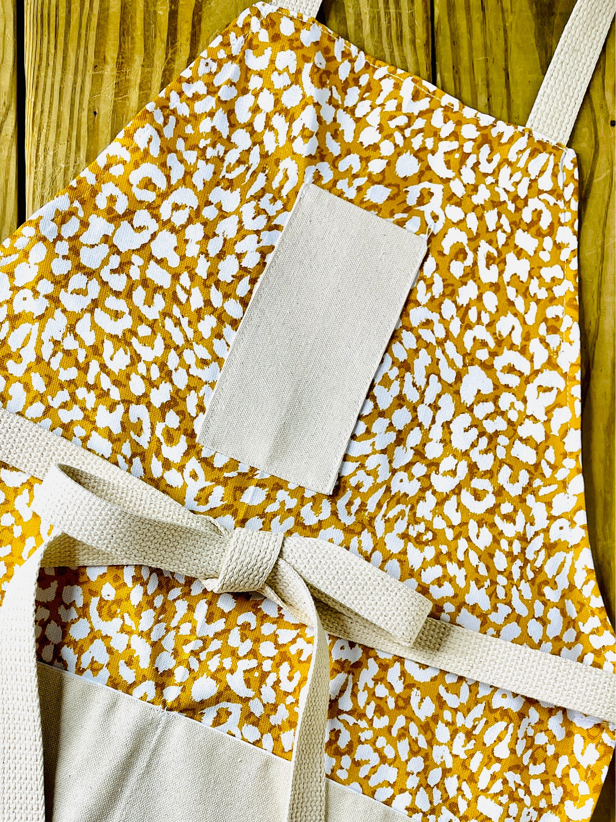 Amanda Bright Designs ginger apron golden leopard print retro 100% cotton designer apron