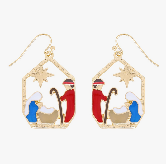 Gold Enameled Nativity Dangle Earrings